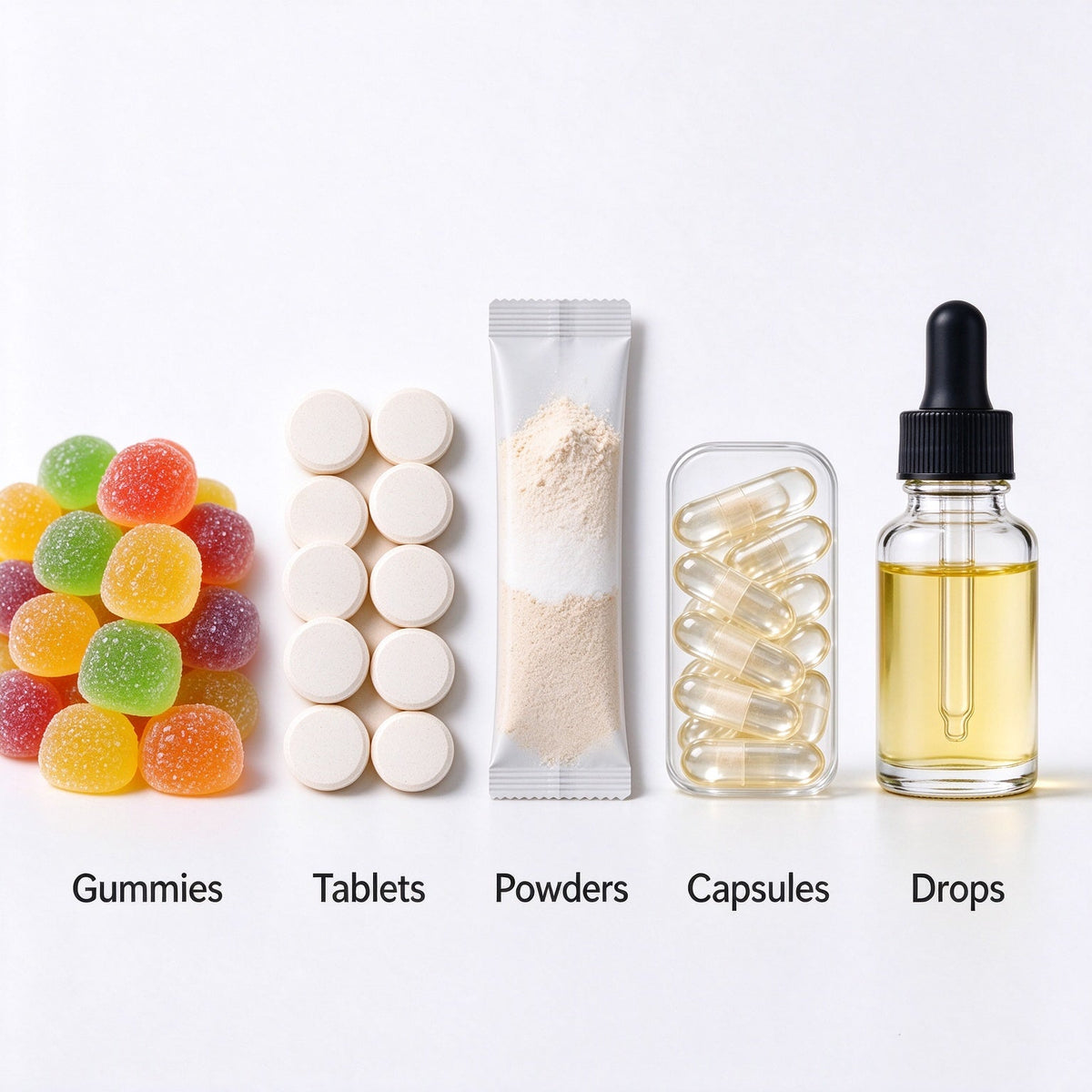 Which Supplement Form Should You Make? Compare Gummies, Tablets, Powders, Capsules and Liquid Drops