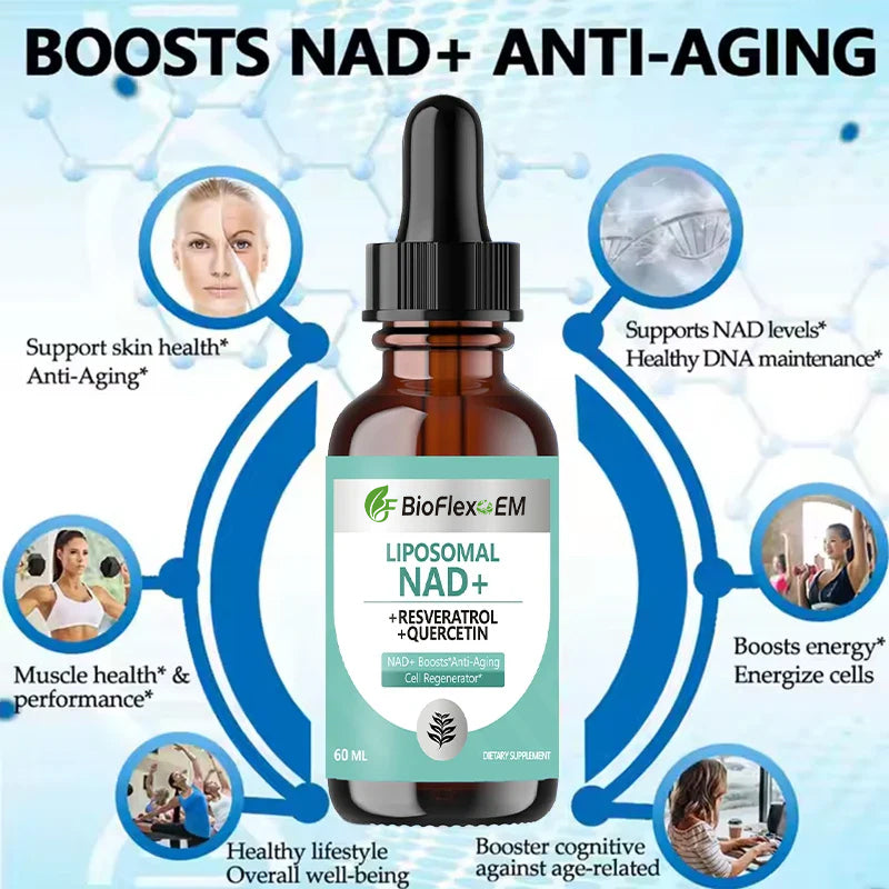 Gouttes liquides de NAD+ et de resvératrol – Soin 5 en 1 anti-âge et santé de la peau