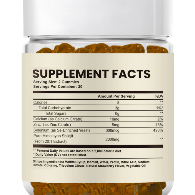 OEM Halal Vegan Shilajit Gummies de l'Himalaya 500 mg avec Ashwagandha et vitamines B + D