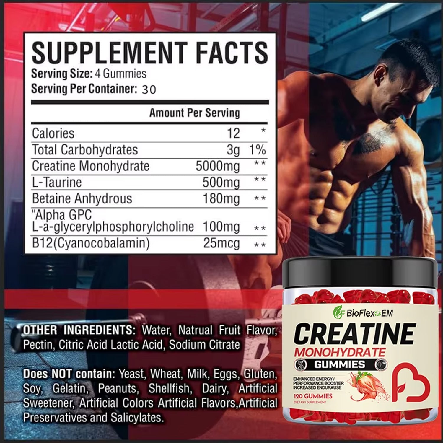 批发 OEM 贴牌风味肌酸一水合物软糖补充剂 肌肉生长训练前肌酸 3000mg 软糖