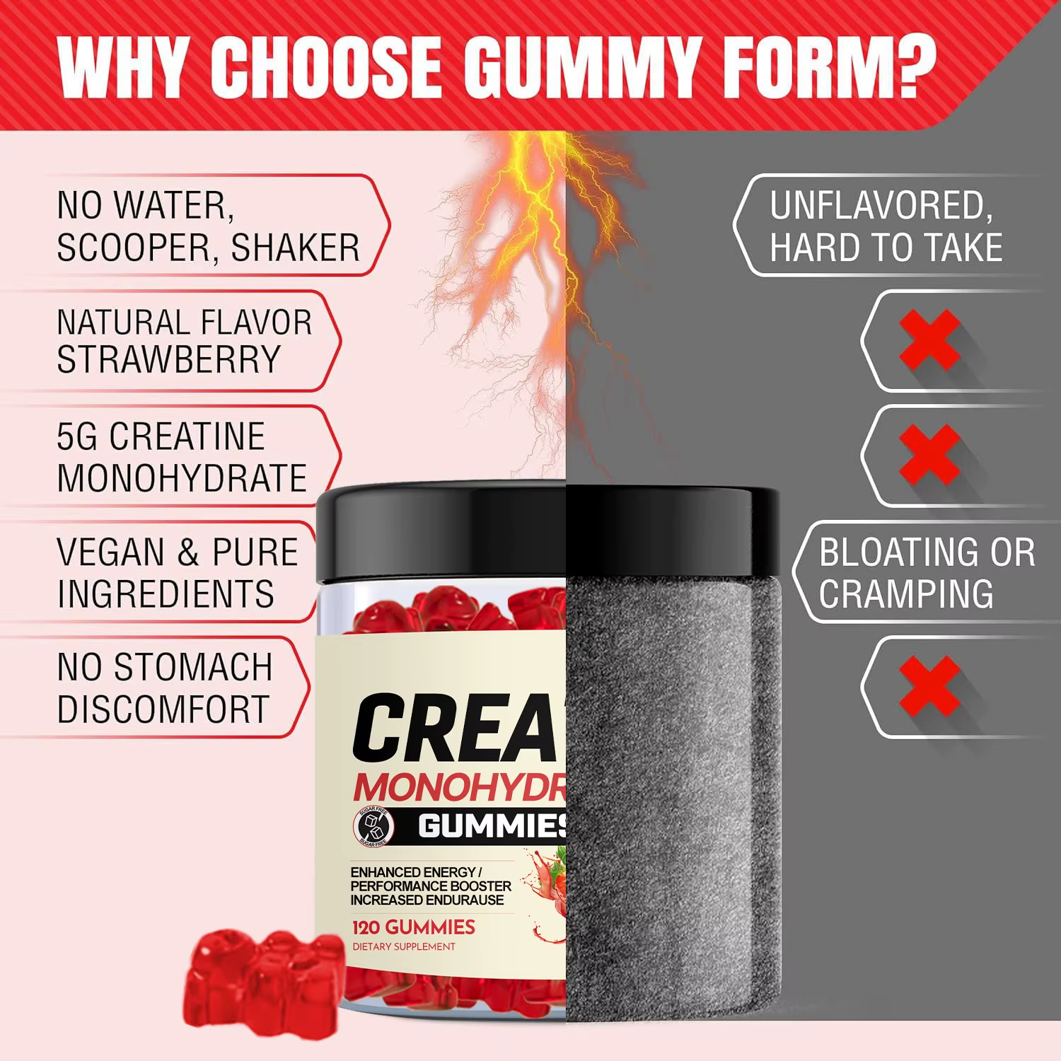 批发 OEM 贴牌风味肌酸一水合物软糖补充剂 肌肉生长训练前肌酸 3000mg 软糖