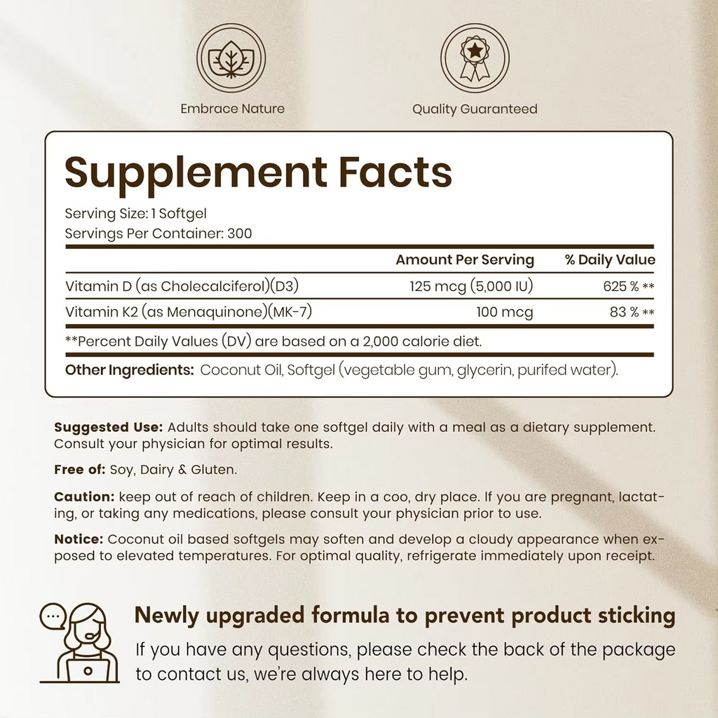 Custom Extra Strength D3 5000 IU + K2 MK-7 100mcg Softgels