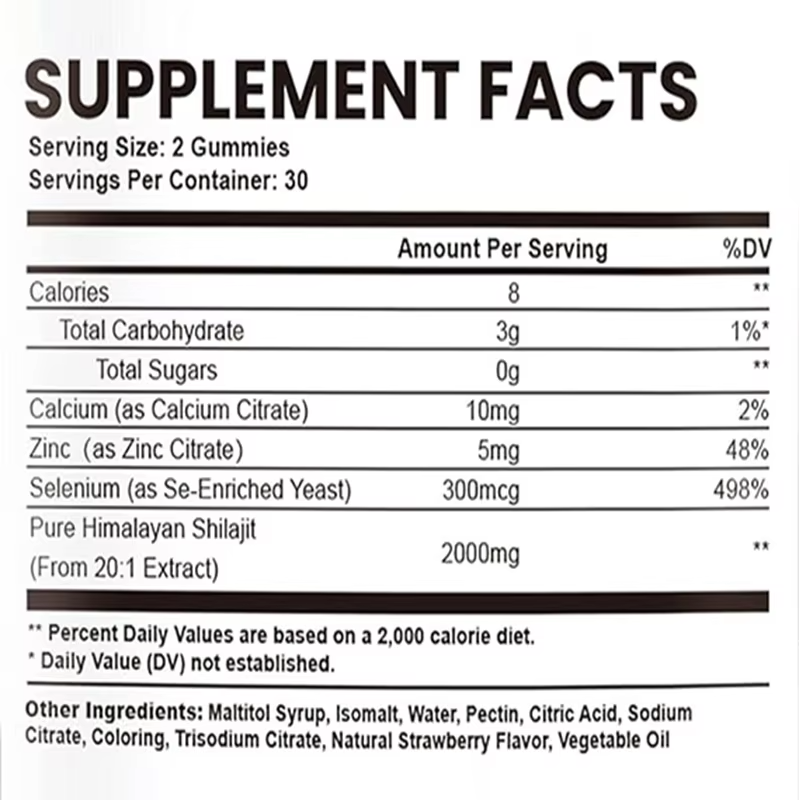 OEM Halal Vegan Shilajit Gummies de l'Himalaya 500 mg avec Ashwagandha et vitamines B + D